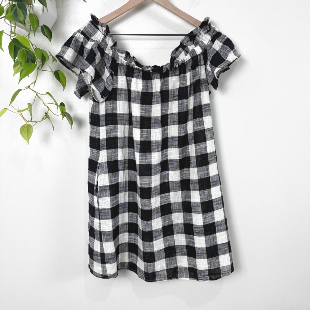 Corey Lynn Calter Black White Buffalo Plaid Off Shoulder Linen Blend Dress S
